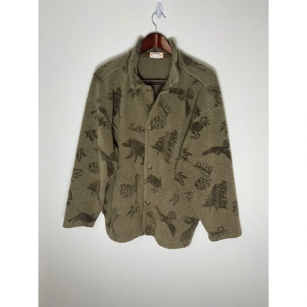 Little Big Horn Shirt Co Fleece Jacket Olive Green Wildlife Print Moose Bear